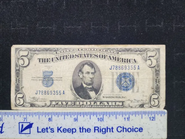 1934 D  $5 Five Dollar Silver Certificate Blue Note US Federal Reserve Bar Note