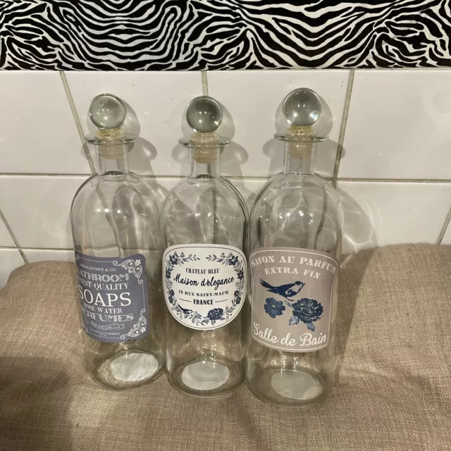 3 Glass Bottles With Stopper For Bathroom Shabby Chic French Style Final Price