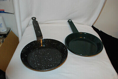 Black White Speckled Graniteware Enamelware 9 inch Frying Pan & GREEN PAN