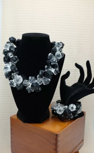 Chunky Necklace and Bracelet Set Black/ Clear Acrylic Beads Silver Tone