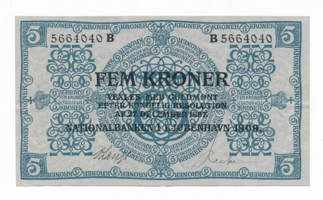 Denmark 5 Kroner 1909 P. 6 Prefix B. Signature: V. Lange Crisp VF/+ Very RARE