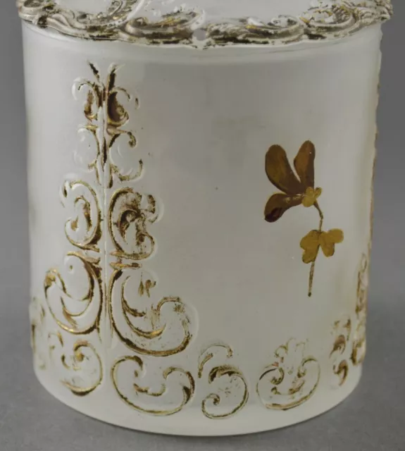 Vintage Frosted White Satin Glass Dresser Puff Box with Gold Painting 2
