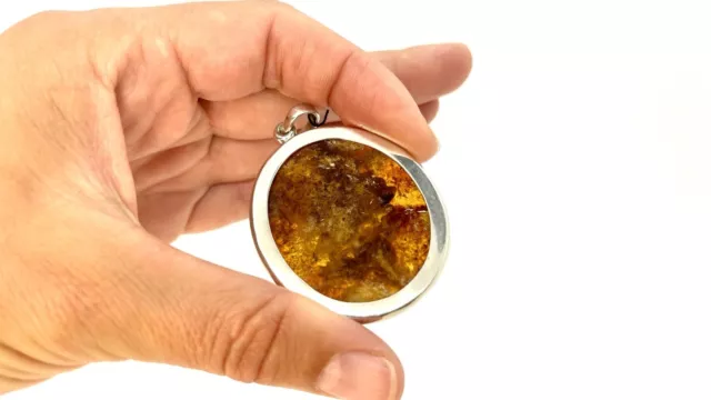 Dragon Silver Pendant On Natural Amber Plate Oval Shape Gold Plated to Necklace 2