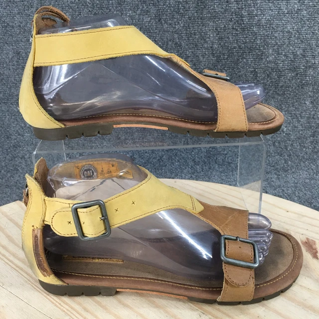 Caterpillar Sandals Womens 8 W TStrap Buckle Flats Yellow Leather Back Zipper