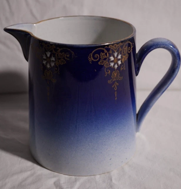 Small Antique Flow Cobalt Blue Pitcher Luneville France Gold Decoration