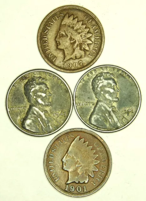 Indian Head Penny, 1943 Steel Wheat Cent - 4 coin lot