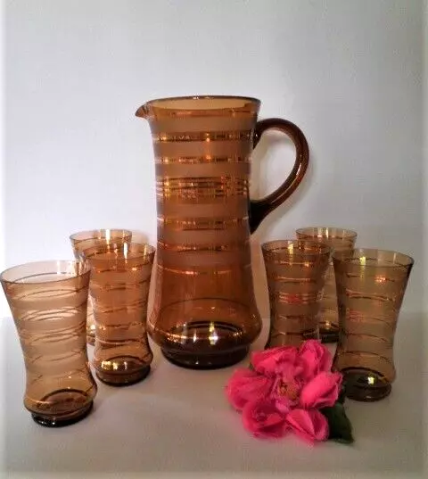 VINTAGE BOHEMIA BROWN GLASS LEMONADE WATER SET LRG JUG 6x TUMBLERS GLASSES GOLD