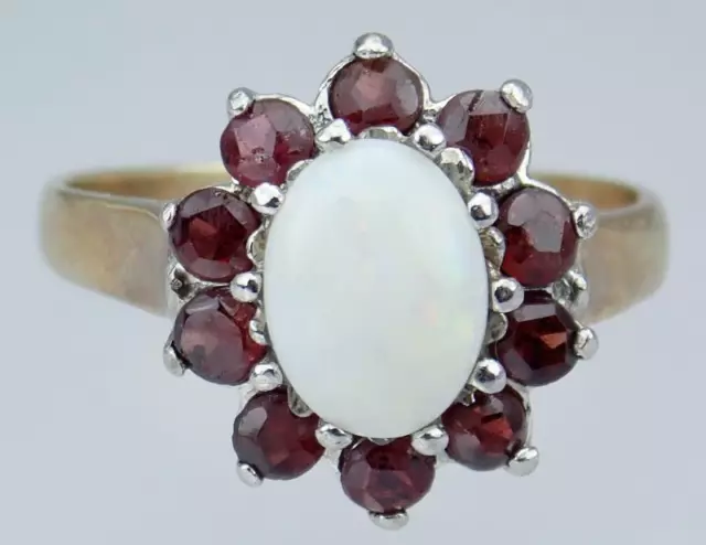 Stunning Vintage Estate 9K Yellow White Gold Opal Garnet Floral Ring Size 7.25