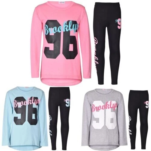 Top Bambina Maniche Lunghe Brooklyn Stampa Contrasto T Shirt & Set Leggings