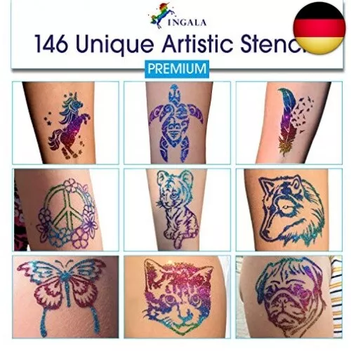 INGALA PREMIUM Schablonenset - 146 kunstvolle Glitzer Tattoo Schablonen für 2