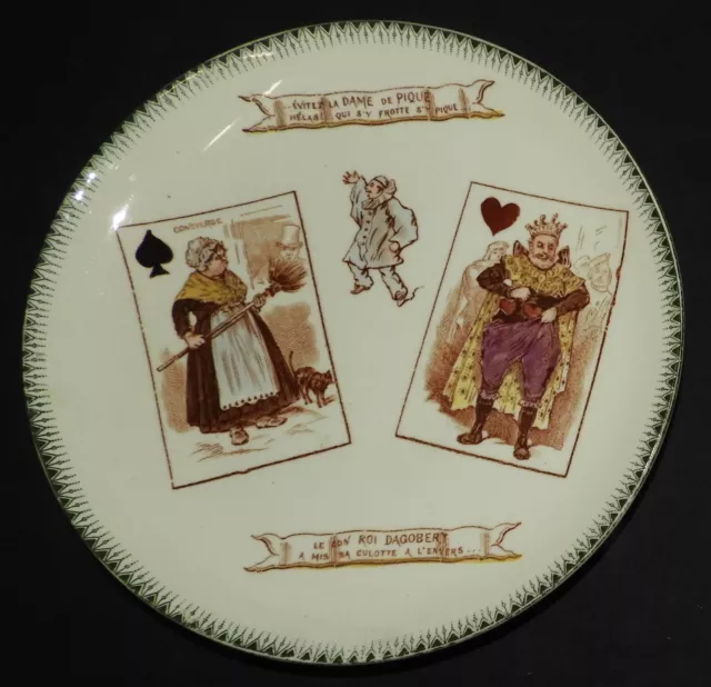 Assiette parlante XIXè CHOISY LE ROI Cartes à jouer Dame de Pique Roi de coeur A