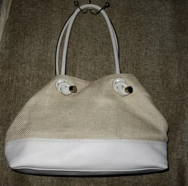Merona White Faux Leather Faux Woven Straw Summer Shoulder Bag Purse Med Size