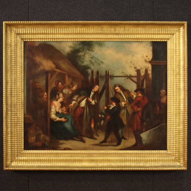 Dipinto inglese scena di genere 700 antico quadro olio su tela XVIII secolo 900
