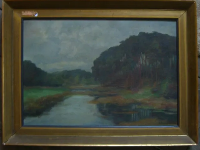 J R Nich ? Oil Painting Pine at the Lake Shore Landscape Antique Unreadable Sign