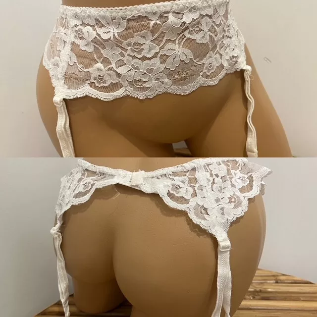 VINTAGE WIDE WHITE LACE SCALLOPED EDGE GARTER BELT sz L