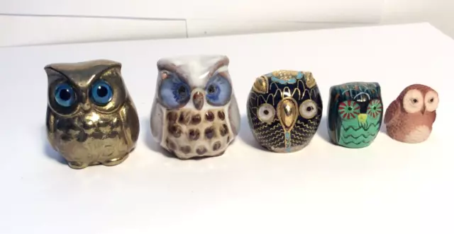 Vintage Owl figurine collection  x 5 large & small Owls Birds o Cloisonne enamel