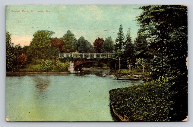 St. Louis MO Benton Park Bridge Lake Old Vtg Postcard View 1910s