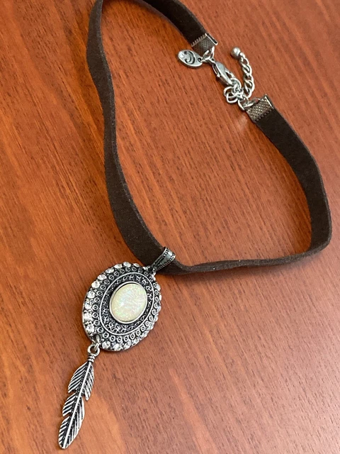Charming Charlie brown suede southwestern feather Moonstone necklace choker 10” 3