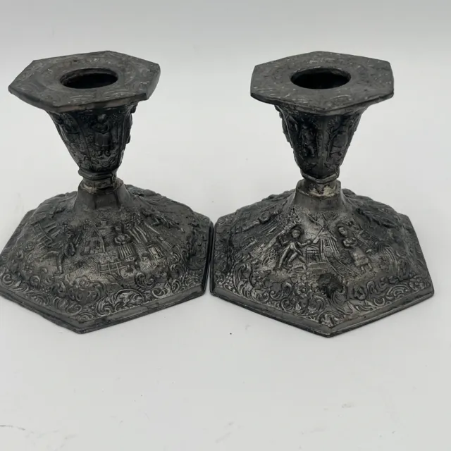 vintage J.B. pair of Dutch windmill & lady by house Candlestick candle holders