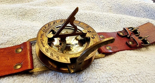 Sonnenzifferblatt Lederuhr Messing Kompass Leder Antik Alt Goldglanz...