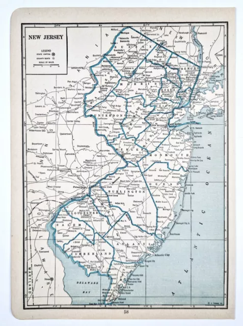 1934 Map NEW JERSEY County Township Railroads Hoboken Atlantic City Fort Hancock