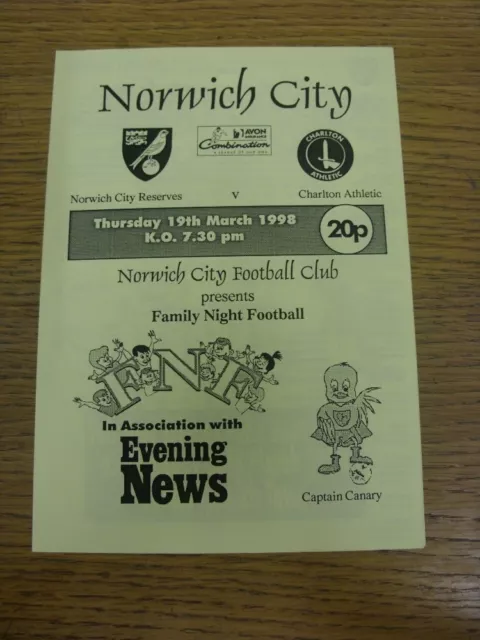 19/03/1998 Norwich City Reserves v Charlton Athletic Reserves  (4 Pages). Any fa