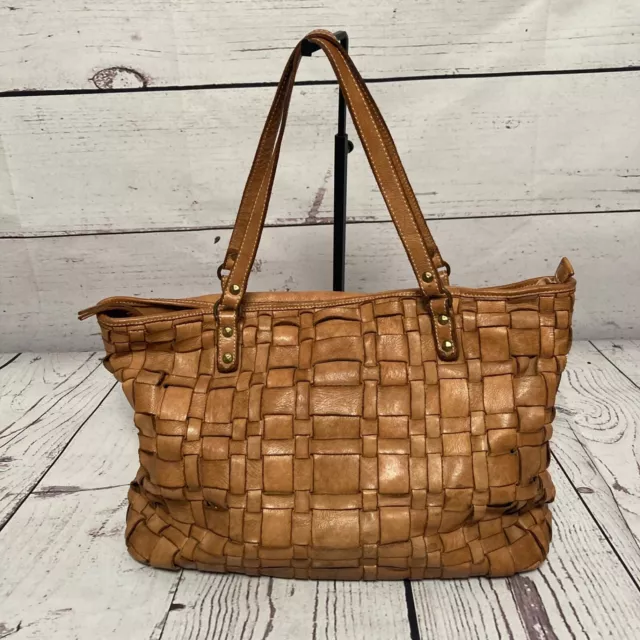 Costanza Rota Shoulder Bag Tan Woven Distressed Leather Satchel Handbag Italy