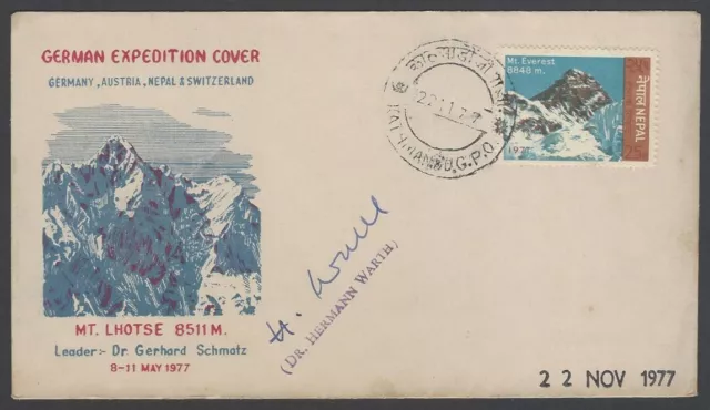 AOP Nepal 1977 Mt Lhotse German Expedition cover signed Dr Hermann Warth