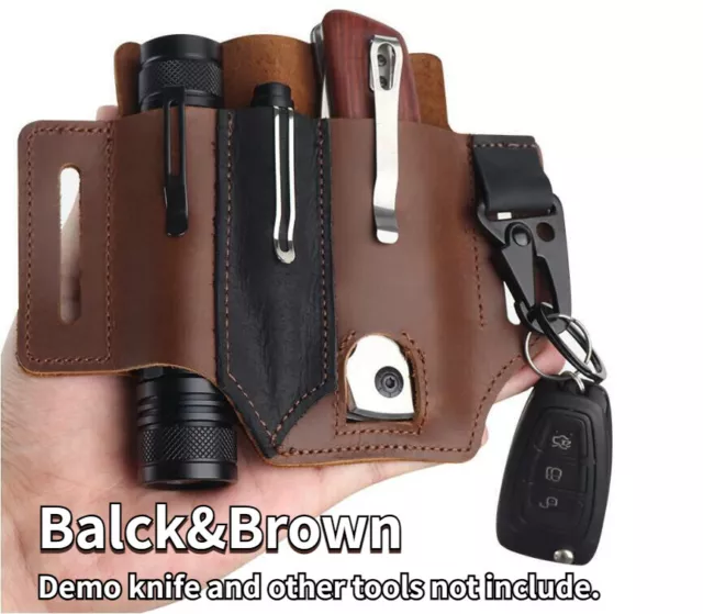 Portable Genuine Leather EDC Pouch Tool Kit Belt Bag Knife Flashlight Pen Pouch