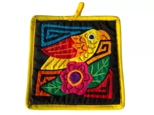 Vintage Mola Pot Holder Yellow Toucan Panama Kitchen Art Fabric Square 7 x 7