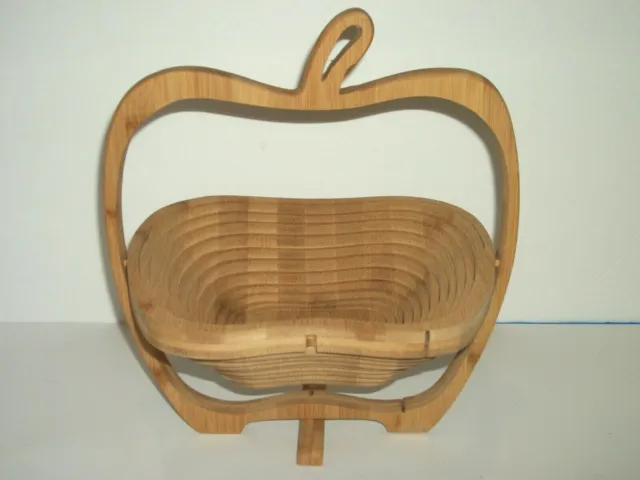 Apple Shape Bamboo Wood Spiral Cut Basket Collapsible Centerpiece Bowl or Trivet