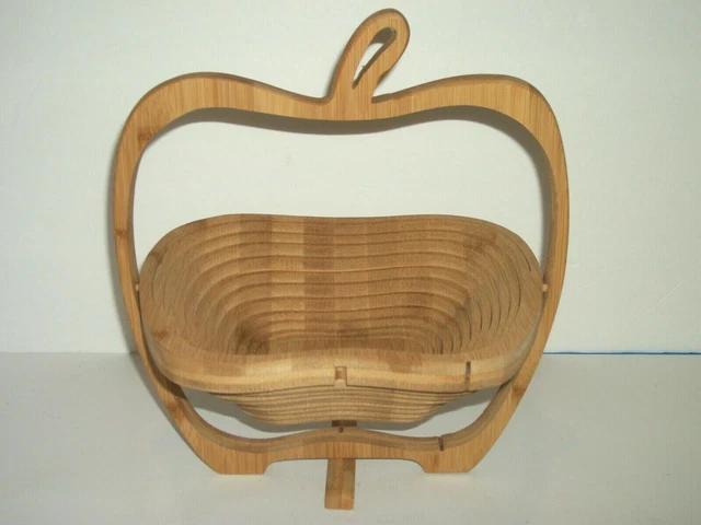 Apple Shape Bamboo Wood Spiral Cut Basket Collapsible Centerpiece Bowl or Trivet