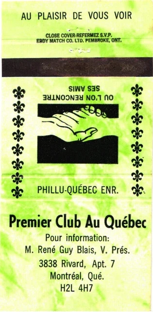 Montreal Quebec Canada Premier Club Au Quebec Vintage Matchbook Cover