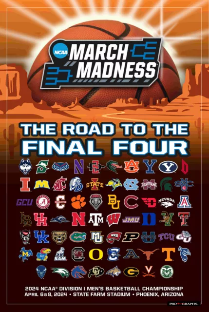 NCAA Mens Basketball Tournament MARCH MADNESS 2024 68-Team 24x36 Official POSTER