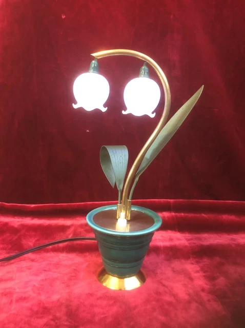 RARE lampe ART DECO brin de muguet 31 cm Laiton Céramique Clochettes en opaline
