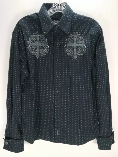 Fender Custom Shop Da Vinci Embroidered Button Up Black Gray Shirt Mens Small