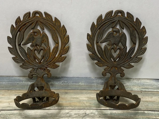 Cast Iron Wall Sconce Tea Light Votive Eagle Candle Holder Set Pair Mid Century