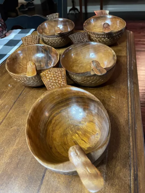 5-Beautiful Vintage Hand Carved Brown Wooden Duck Bowls 10"x5"