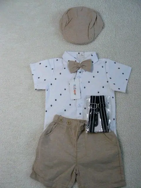 Baby Boy Smart Outfit Set Formal Braces Hat Shirt Shorts Bow Tie Party 12 M BNWT