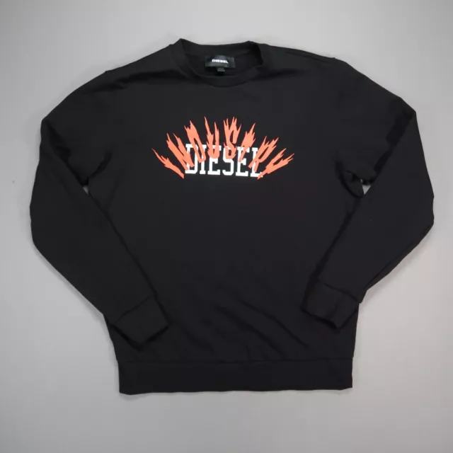 Diesel Sweatshirt Mens Large Black Pullover Sweater Flames Long Sleeve Crew