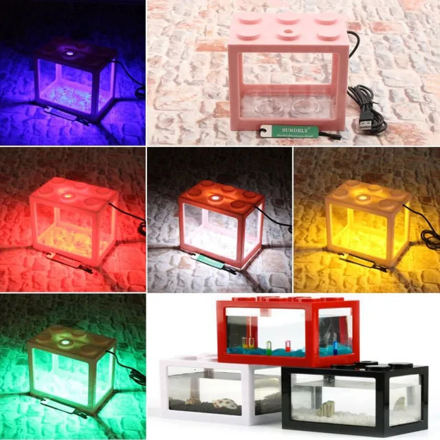 Mini Box USB Fish Tank Aquarium LED Light Lamp Desktop Ornament Decor PINK