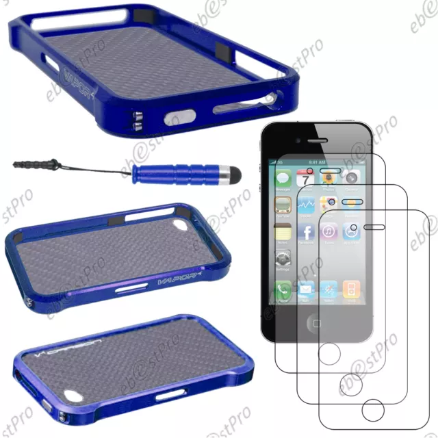 Housse Coque Etui Bumper VAPOR Bleu  pour Iphone 4S 4+Mini Stylet+3 Film �cran