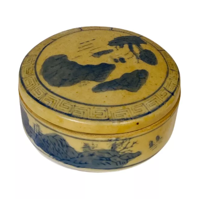 Vintage Asian Tea Caddy Cover Bowl Ceramic Tan Blue Islands Incense Container