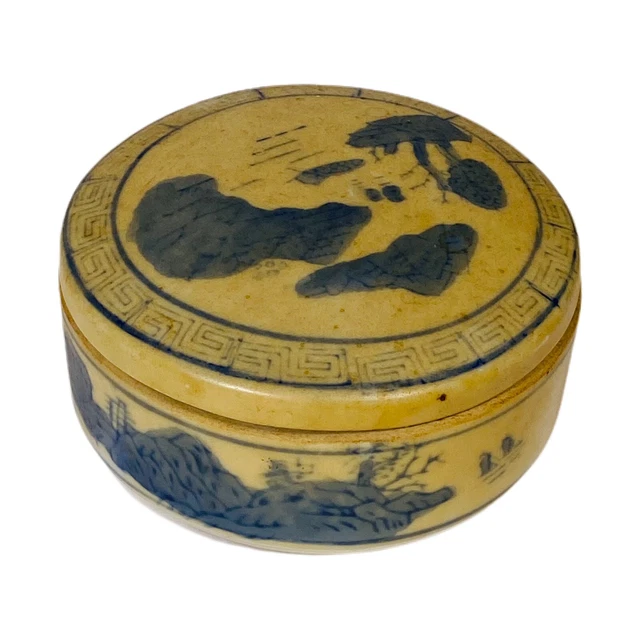 Vintage Asian Tea Caddy Cover Bowl Ceramic Tan Blue Islands Incense Container