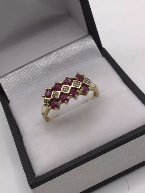 Hallmarked 9ct Yellow Gold Ruby And Diamond Ring Size P 2.4 Grams