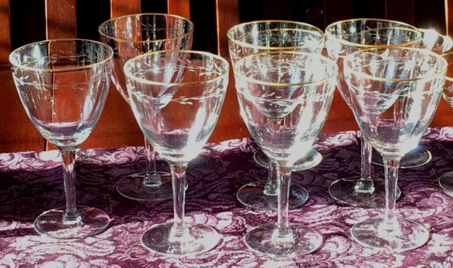 Gorham Reizart: Set of  Water Goblet Glasses Gold Rim Laurel Pattern Etched