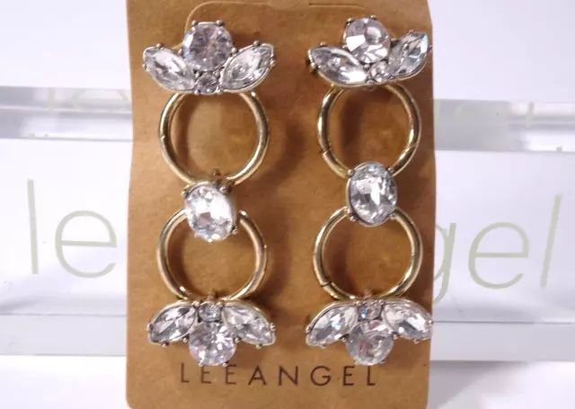 Lee Angel Women's Crystal Marquis Leaf Gold Cirlce Link  Earrings NWT 110