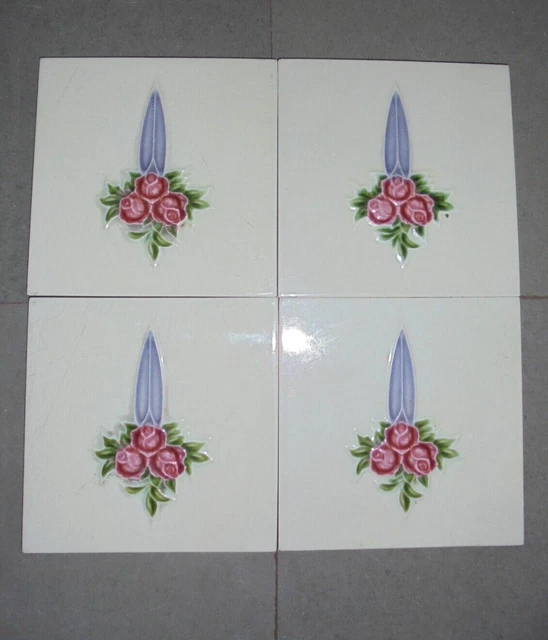 4 Pc Vintage Rose Flower Embossed H&R Johnson Mark Ceramic Tiles,England