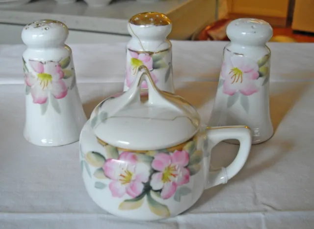 Vintage Noritake AZALEA Pink Flowers Gold Salt & Pepper Shakers & Marmalade Jar