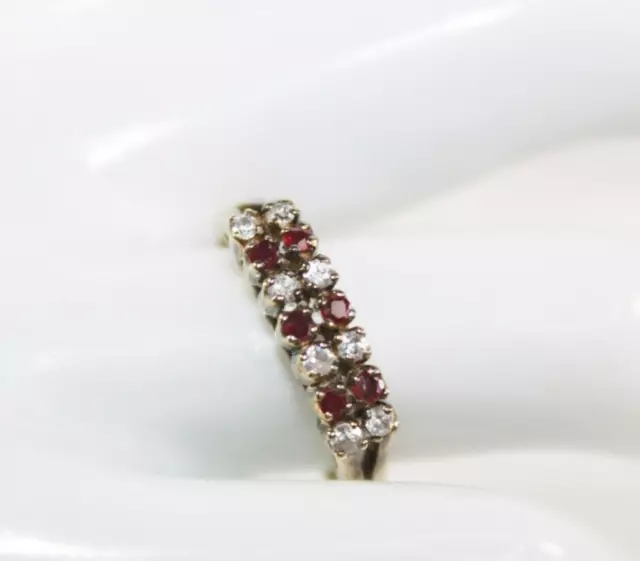 ART DECO Sterling Silver 925 Vermeil RED & White SPINEL 2 Row Band Ring sz 8 1/2